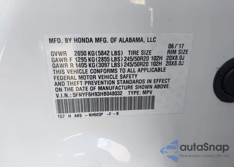 2017 Honda Pilot Touring from USA, damaged, VIN 5FNYF6H93HB048032